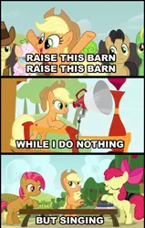 Size: 500x786 | Tagged: safe, derpibooru import, edit, edited screencap, screencap, apple bloom, apple rose, applejack, babs seed, braeburn, golden delicious, half baked apple, red gala, wensley, earth pony, pony, apple family reunion, apple family member, comic, female, filly, mare, raise this barn, screencap comic