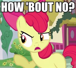 Size: 600x537 | Tagged: safe, derpibooru import, apple bloom, earth pony, pony, female, filly, how about no, image macro, no, open mouth, pointing, reaction image, solo