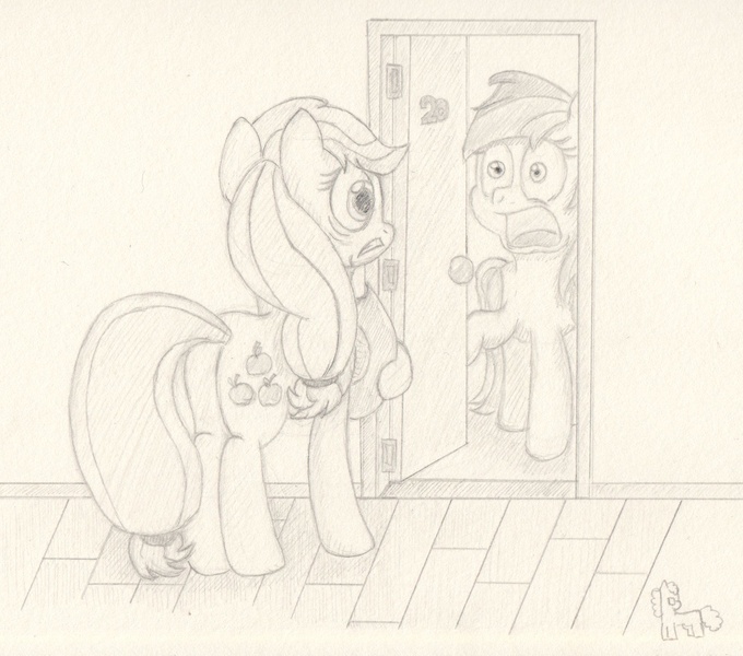 Size: 1700x1500 | Tagged: safe, artist:ramott, derpibooru import, applejack, rainbow dash, earth pony, pegasus, pony, duo, monochrome, traditional art