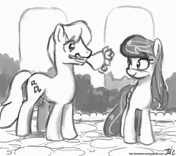 Size: 800x711 | Tagged: safe, artist:johnjoseco, derpibooru import, frederic horseshoepin, octavia melody, earth pony, pony, bouquet, female, flower, fredtavia, grayscale, male, mare, monochrome, mouth hold, shipping, sketch, smiling, stallion, straight