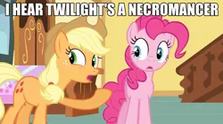 Size: 1221x683 | Tagged: safe, derpibooru import, applejack, pinkie pie, twilight sparkle, earth pony, applejack's hat, cowboy hat, hat, image macro, necromancer, necromancy