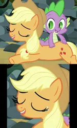 Size: 348x580 | Tagged: safe, derpibooru import, edit, edited screencap, screencap, applejack, spike, dragon, earth pony, pony, spike at your service, applespike, butt touch, comic, female, hand on butt, male, mare, massage, meme, out of context, petting, screencap comic, shipping, straight, yaranaika