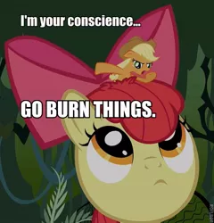 Size: 577x600 | Tagged: angry, apple bloom, applejack, appletini, artifact, :c, conscience, cross-eyed, derpibooru import, fire, floppy ears, frown, image macro, looking up, open mouth, pyromaniac, safe, this will end in fire