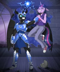 Size: 1125x1350 | Tagged: anthro, armor, armpits, artist:kryptid, castle of the royal pony sisters, clothes, cutie mark on clothes, dead source, derpibooru import, neck hold, nightmare moon, pants, safe, shirt, shoes, twilight sparkle, wings