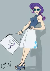 Size: 850x1200 | Tagged: artist:theuglyother, bag, derpibooru import, high heels, humanized, rarity, safe, simple background, skinny, sunglasses