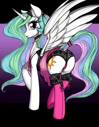Size: 810x1036 | Tagged: suggestive, artist:longinius, derpibooru import, princess celestia, alicorn, pony, series:rarity's secret, butt, clothed ponies, clothes, dock, ethereal mane, ethereal tail, female, flowing mane, flowing tail, lace, lingerie, looking at you, looking back, mare, multicolored mane, multicolored tail, panties, plot, praise the sun, royalty, sexy, solo, solo female, sparkles, spread wings, stupid sexy celestia, sunbutt, tail wrap, underwear, wings