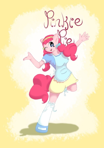 Size: 1626x2313 | Tagged: safe, artist:tesslashy, derpibooru import, pinkie pie, anthro, earth pony, unguligrade anthro, alternate hairstyle, apron, blouse, bow, clothes, frilly skirt, frilly socks, hoofbeat, hoof shoes, mary janes, one eye closed, shirt, shoes, skirt, socks, solo, wink