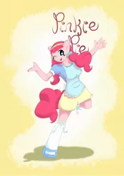 Size: 1626x2313 | Tagged: safe, artist:tesslashy, derpibooru import, pinkie pie, anthro, earth pony, unguligrade anthro, alternate hairstyle, apron, blouse, bow, clothes, frilly skirt, frilly socks, hoofbeat, hoof shoes, mary janes, one eye closed, shirt, shoes, skirt, socks, solo, wink