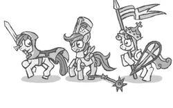 Size: 960x600 | Tagged: safe, artist:monoglyph, derpibooru import, apple bloom, scootaloo, sweetie belle, earth pony, pegasus, pony, unicorn, armor, cape, christianity, clothes, cross, crown, crusader, cutie mark crusaders, fantasy class, flag, flail, grayscale, grin, helmet, hood, jewelry, kite shield, knight, knights templar, looking at each other, monochrome, paladin, regalia, shield, simple background, smiling, spread wings, sword, warrior, weapon, white background, wings