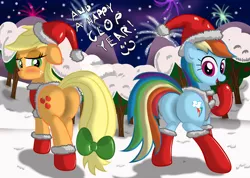 Size: 1398x997 | Tagged: applebutt, applejack, artist:ziemniax, christmas, clothes, derpibooru import, hat, plot, plot pair, rainbow dash, rainbutt dash, santa costume, santa hat, socks, stockings, suggestive