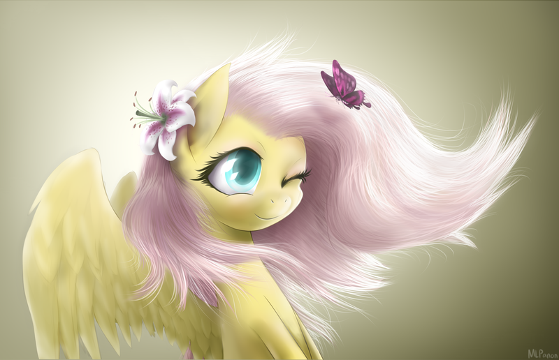 Size: 2769x1785 | Tagged: artist:mlpanon, butterfly, cute, dead source, derpibooru import, flower, flower in hair, fluttershy, safe, shyabetes, solo, windswept mane