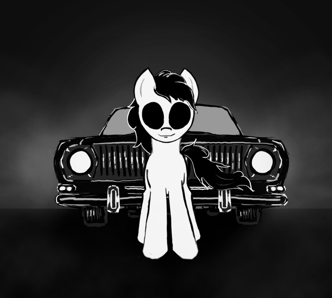 Size: 1000x900 | Tagged: semi-grimdark, artist:agm, derpibooru import, oc, oc:volga pony, unofficial characters only, earth pony, pony, black sclera, car, dark, monochrome, volga