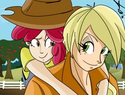 Size: 1451x1102 | Tagged: apple bloom, applejack, artist:frankaraya, derpibooru import, humanized, safe