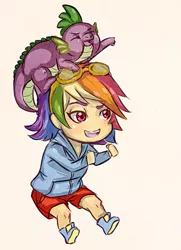 Size: 417x576 | Tagged: artist:mellifluousadventure, chibi, derpibooru import, humanized, rainbow dash, safe, simple background, spike