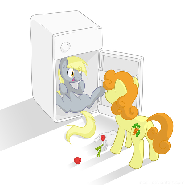 Size: 1250x1250 | Tagged: safe, artist:inceri, derpibooru import, carrot top, derpy hooves, golden harvest, pegasus, pony, featureless crotch, female, i emptied your fridge, mare, refrigerator