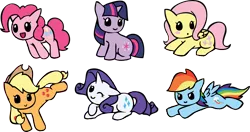 Size: 3758x1983 | Tagged: applejack, artist:clawed-nyasu, blushing, bucking, c:, chibi, cute, derpibooru import, floppy ears, fluttershy, looking at you, mane six, :o, pinkie pie, prone, rainbow dash, rarity, safe, simple background, sitting, smiling, smirk, transparent background, twilight sparkle