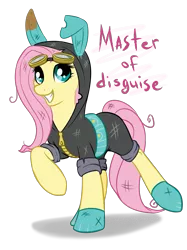 Size: 1181x1578 | Tagged: dead source, safe, artist:spiggy-the-cat, derpibooru import, fluttershy, pegasus, pony, bunny ears, clothes, dangerous mission outfit, female, goggles, grin, hoodie, mare, master of disguise, one hoof raised, simple background, smiling, solo, transparent background