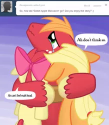 Size: 500x574 | Tagged: safe, artist:redhotkick, derpibooru import, apple bloom, applejack, big macintosh, earth pony, pony, ask big red macintosh, fanfic, fanfic:sweet apple massacre, crying, fanfic art, hug, male, reaction, reaction to own portrayal, stallion