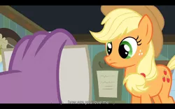 Size: 1024x640 | Tagged: safe, derpibooru import, screencap, applejack, spike, earth pony, pony, spike at your service, applespike, female, male, mare, shipping, straight, youtube caption