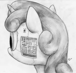 Size: 1440x1379 | Tagged: safe, artist:jarwall, derpibooru import, sweetie belle, pony, robot, robot pony, unicorn, black and white, female, filly, foal, grayscale, horn, monochrome, solo, sweetie bot