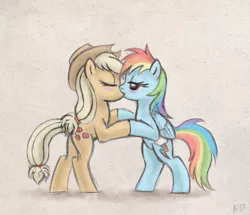 Size: 800x688 | Tagged: safe, artist:kp-shadowsquirrel, artist:sheendough, derpibooru import, applejack, rainbow dash, appledash, blushing, female, kissing, lesbian, shipping