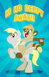 Size: 576x900 | Tagged: anthro, anthro oc, anthros riding ponies, artist:nanook123, derpy hooves, furry, non-mlp oc, oc, riding, safe