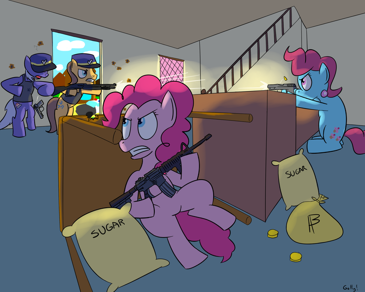 Size: 1750x1400 | Tagged: ar15, artist:rapidstrike, caramel, caramel is awesome, crime, criminal, cup cake, derpibooru import, food, gun, money, pinkie pie, pistol, police, police pony, raid, rifle, safe, shootout, shotgun, sugar (food)