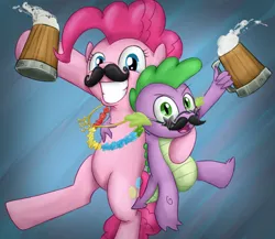 Size: 960x833 | Tagged: dead source, safe, artist:xioade, derpibooru import, pinkie pie, spike, dragon, earth pony, pony, 2013, cider, happy new year, moustache