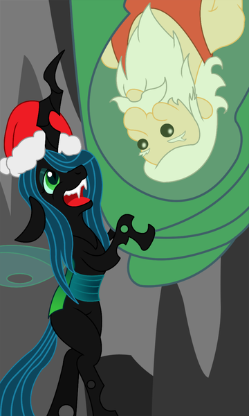 Size: 600x1000 | Tagged: artist:philith, cocoon, derpibooru import, hat, queen chrysalis, safe, santa claus, santa hat