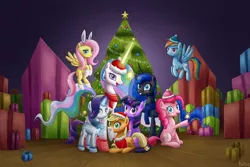 Size: 1500x1000 | Tagged: dead source, safe, artist:polkin, derpibooru import, applejack, fluttershy, pinkie pie, princess celestia, princess luna, rainbow dash, rarity, twilight sparkle, bunny ears, christmas, christmas tree, clothes, hat, mane six, present, santa costume, santa hat, scarf, socks, tree