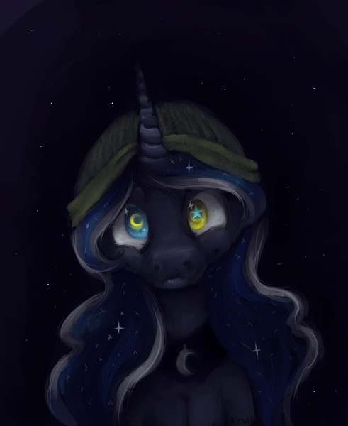 Size: 799x977 | Tagged: safe, artist:ferrettea, derpibooru import, princess luna, beanie, dark, hat, heterochromia, solo, wingding eyes