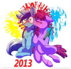 Size: 900x866 | Tagged: 2013, artist:inuhoshi-to-darkpen, berrygate, berry punch, berryshine, blushing, chest fluff, derpibooru import, female, happy new year, lesbian, minuette, safe, shipping