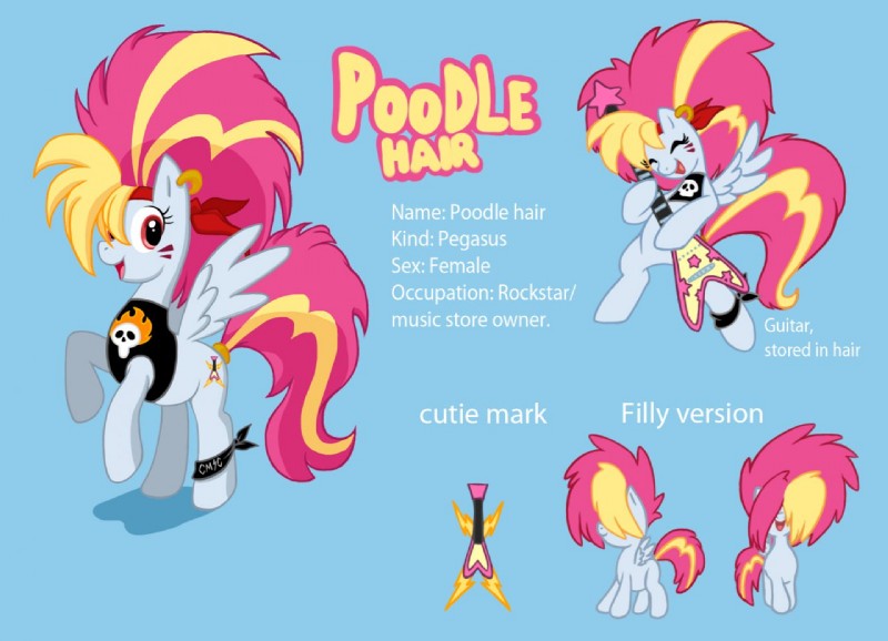 Size: 800x578 | Tagged: safe, artist:lordstevie, derpibooru import, oc, oc:poodle hair, unofficial characters only, pegasus, pony, 80s, filly, guitar, rocker