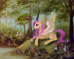 Size: 994x793 | Tagged: acrylic painting, animal, artist:policide, derpibooru import, flower, fluttershy, forest, painting, rabbit, river, safe, scenery, stream, traditional art, water