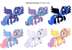 Size: 3600x2500 | Tagged: safe, artist:pika-robo, derpibooru import, nightmare moon, princess luna, princess royal blue, princess starburst, princess tiffany, alicorn, pony, alternate costumes, female, g1, g1 to g4, g4, generation leap, hoof shoes, mare, palette swap, peytral, princess, princess ponies, recolor, s1 luna, simple background, spread wings, transparent background, vector, wings