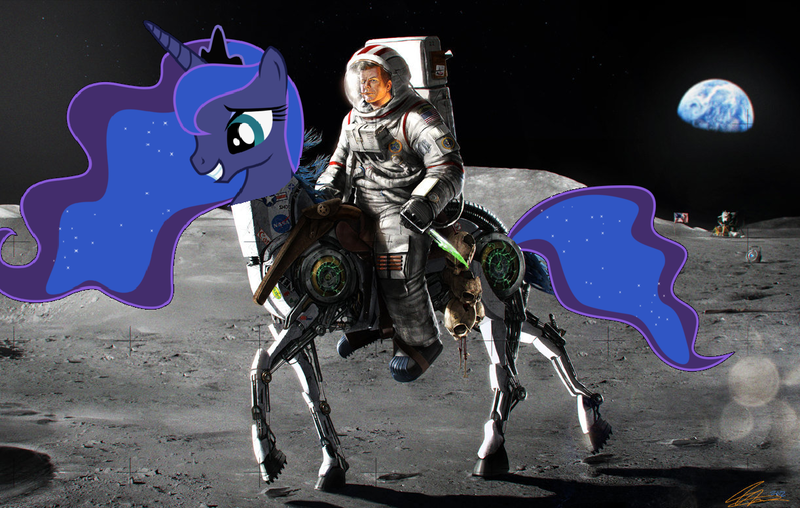 Size: 1222x776 | Tagged: safe, derpibooru import, edit, princess luna, human, pony, robot, robot pony, american presidents, astronaut, bad edit, earth, humans riding ponies, john f. kennedy, luna and the nauts, moon, on the moon, president, riding, smoking, space, wat, wheatley