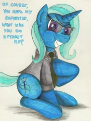 Size: 1813x2399 | Tagged: artist:jamescorck, clothes, derpibooru import, fallout, fallout: new vegas, grin, mr. fantastic, parody, safe, smiling, trixie