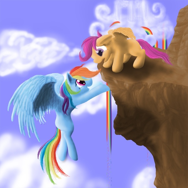 Size: 990x990 | Tagged: artist:the-laughing-horror, derpibooru import, rainbow dash, safe, scared, scootaloo