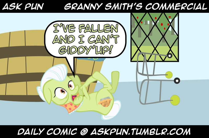 Size: 1143x754 | Tagged: safe, derpibooru import, granny smith, ask pun, comic, life alert, speech bubble, tumblr