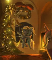 Size: 1545x1800 | Tagged: safe, artist:raikoh, derpibooru import, derpy hooves, princess cadance, spitfire, trixie, pegasus, pony, bells, christmas, christmas tree, competition:derpibooru 2012, female, fire, holiday, hug, interior, mare, tree, wreath