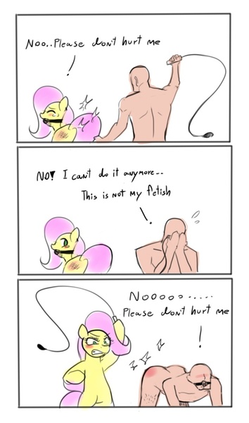 Size: 625x1058 | Tagged: dead source, questionable, artist:freedomthai, derpibooru import, fluttershy, oc, oc:anon, human, pony, ballgag, bipedal, bondage, comic, explicit comments, female, femdom, femsub, flutterdom, funny porn, gag, human on pony action, male, maledom, malesub, mare, masochism, nudity, sadism, sadomasochism, spanking, straight, submissive, switch (bdsm), whip, whipping