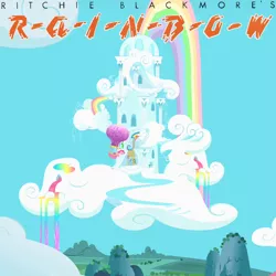 Size: 720x720 | Tagged: safe, artist:kawshee, derpibooru import, gummy, pinkie pie, rainbow dash, ponified, earth pony, pegasus, pony, album cover, female, hot air balloon, mare, parody, ponified album cover, rainbow, rainbow (band), rainbow dash's house, rainbow waterfall, twinkling balloon