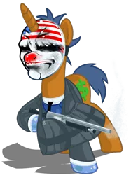 Size: 637x853 | Tagged: clothes, dallas, derpibooru import, gloves, gun, mask, money bag, necktie, payday the heist, payday: the heist, ponified, reinbeck, safe, shotgun, suit, weapon