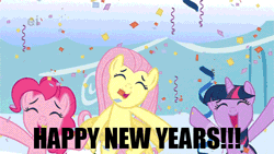 Size: 500x281 | Tagged: animated, cheering, confetti, derpibooru import, edit, edited screencap, eyes closed, fluttershy, happy, happy new year, image macro, jumping, meme, new year, open mouth, pinkie pie, safe, screencap, season 1, smiling, sonic rainboom (episode), spread wings, twilight sparkle