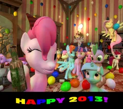 Size: 1024x911 | Tagged: safe, artist:pika-robo, derpibooru import, applejack, berry punch, berryshine, bon bon, derpy hooves, fluttershy, lily, lily valley, lyra heartstrings, pinkie pie, rainbow dash, rarity, roseluck, sweetie drops, twilight sparkle, eevee, pegasus, pony, alcohol, balloon, drunk, female, gmod, mare, new year, pokémon