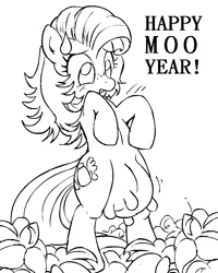 Size: 800x1000 | Tagged: safe, artist:p.chronos, derpibooru import, oc, oc:milky way, unofficial characters only, pony, bipedal, blushing, female, happy new year, mare, monochrome, nudity, poison joke, pun, solo, sweatdrop, tumblr, udder