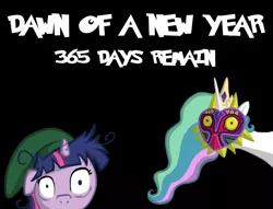 Size: 880x674 | Tagged: 2013, artist:eternal-equilibrium, black background, derpibooru import, happy new year, holiday, image macro, new year, princess celestia, safe, simple background, the legend of zelda, the legend of zelda: majora's mask, twilight snapple, twilight sparkle