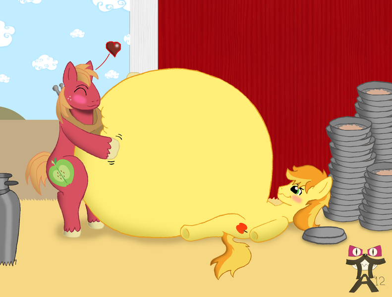 Size: 900x683 | Tagged: safe, artist:tofer18, derpibooru import, big macintosh, braeburn, earth pony, pony, applecest, braemac, force feeding, gay, incest, inflation, male, shipping, stallion, stuffing