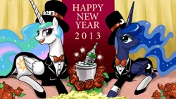 Size: 1500x844 | Tagged: 2013, artist:johnjoseco, clothes, derpibooru import, happy new year, hat, new year, princess celestia, princess luna, safe, sisters, top hat, tuxedo