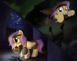 Size: 1000x800 | Tagged: artist:mattatatta, castle, castle of the royal pony sisters, crying, derpibooru import, everfree forest, fluttershy, lantern, safe, survivor shy, timber wolf